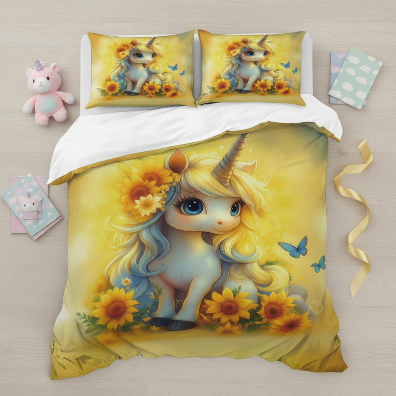 sunflower chibi unicorn bedding - flat-lay