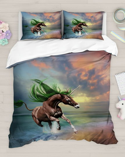 sunset ocean unicorn bedding - flat-lay
