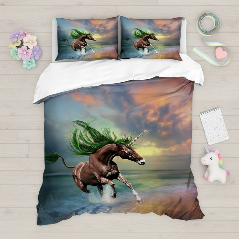 sunset ocean unicorn bedding - flat-lay