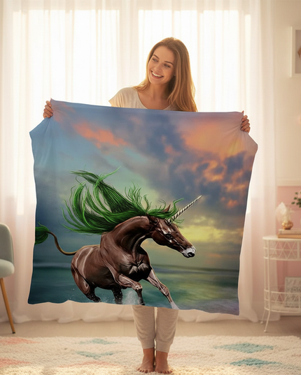 sunset ocean unicorn bedding - in-use