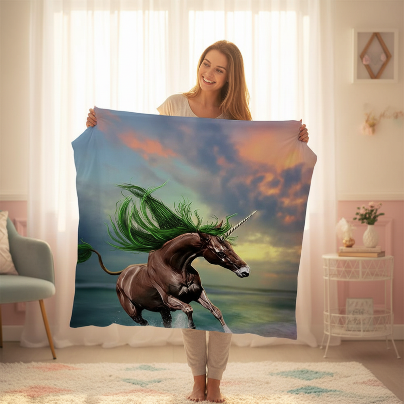 sunset ocean unicorn bedding - in-use