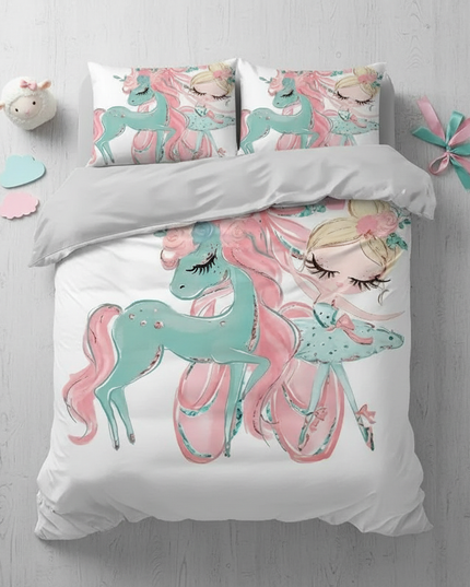 teal ballerina unicorn bedding - flat-lay