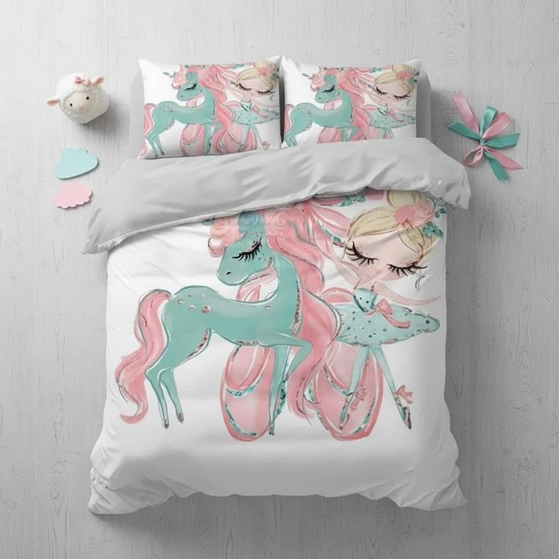 teal ballerina unicorn bedding - flat-lay