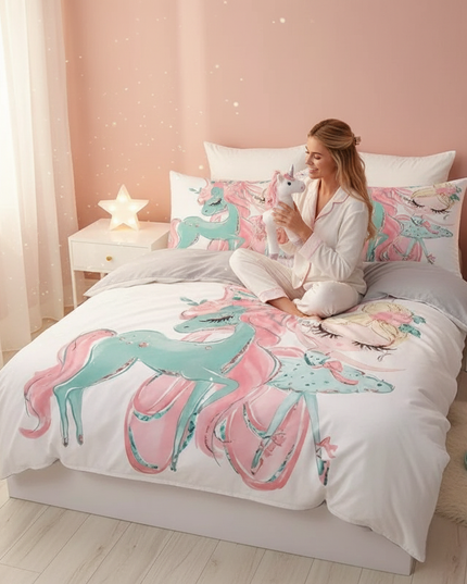 teal ballerina unicorn bedding - in-use