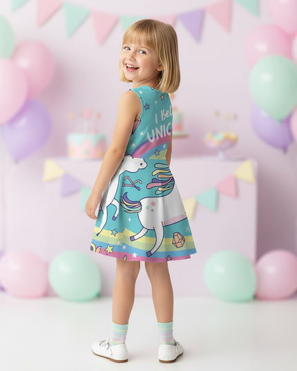 teal believe unicorn dress - back
