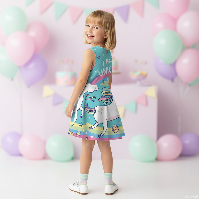 teal believe unicorn dress - back