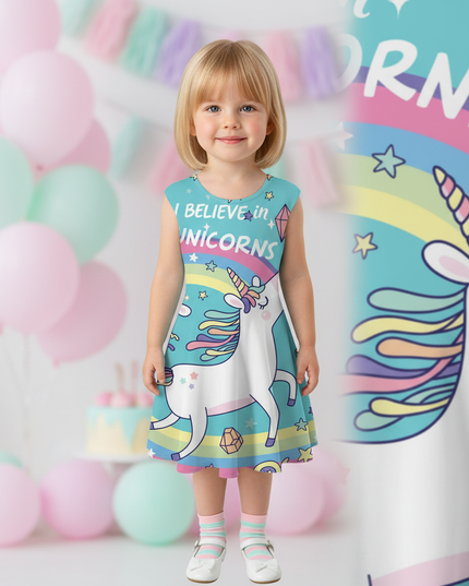 teal believe unicorn dress - detail