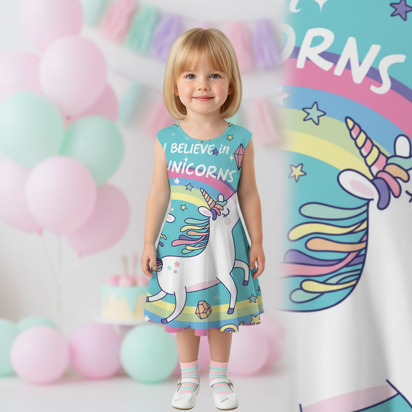 teal believe unicorn dress - detail