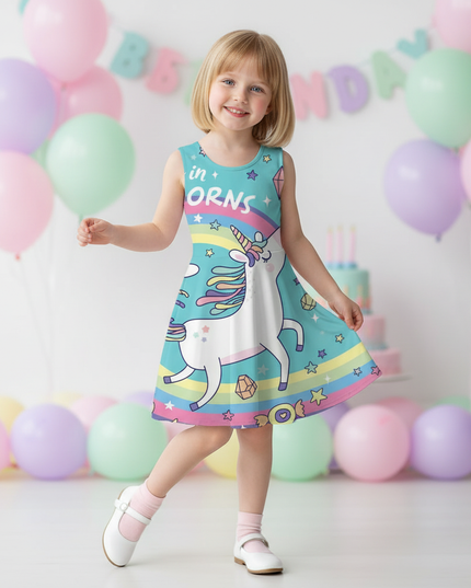 teal believe unicorn dress - front
