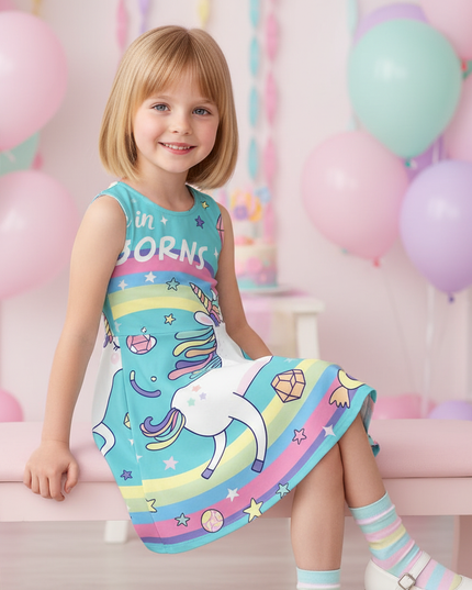 teal believe unicorn dress - sitting