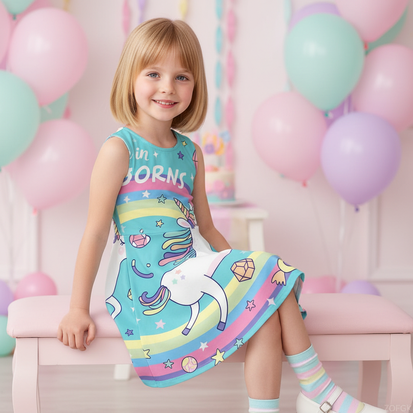 teal believe unicorn dress - sitting