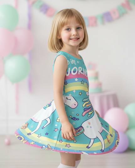 teal believe unicorn dress - three-quarter