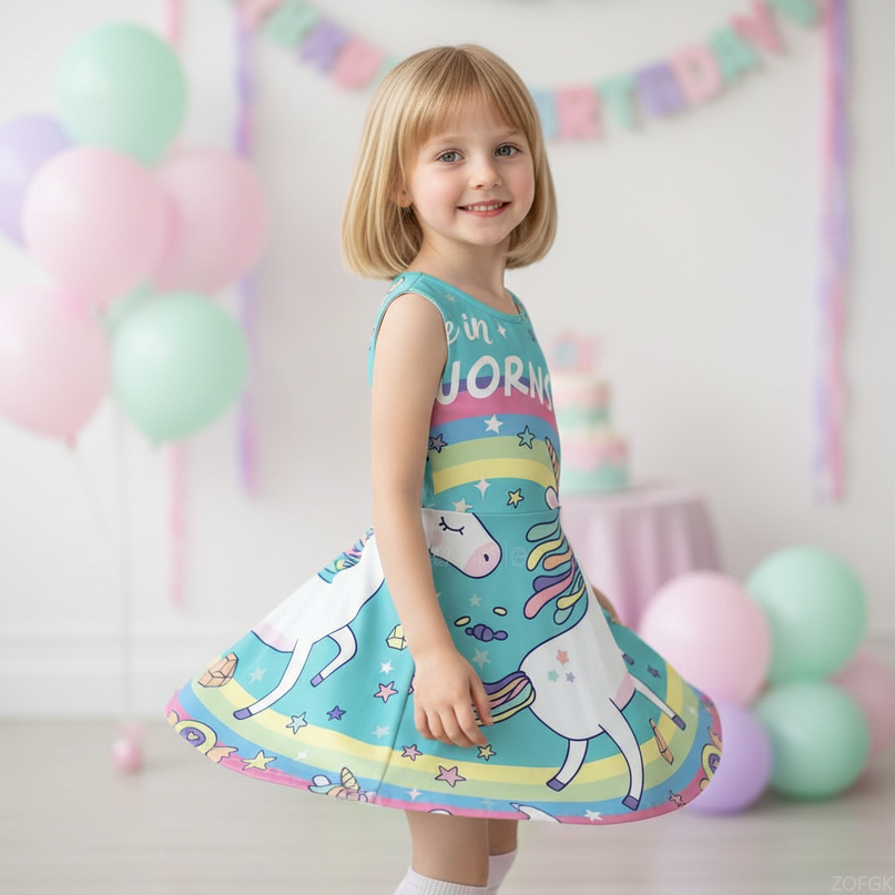 teal believe unicorn dress - three-quarter
