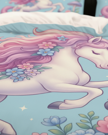 teal floral unicorn bedding - detail