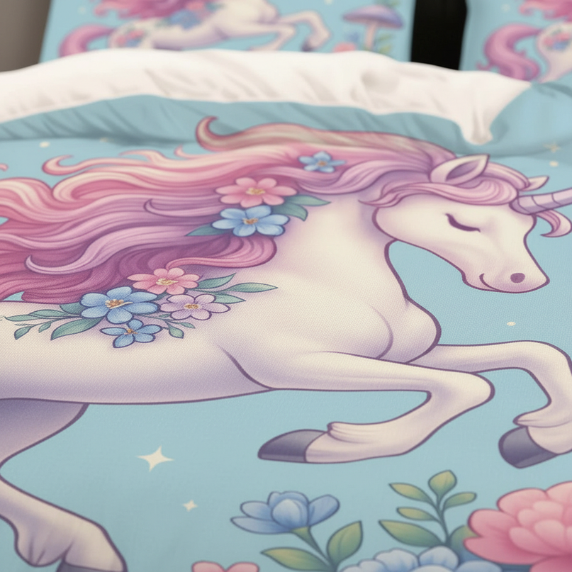 teal floral unicorn bedding - detail