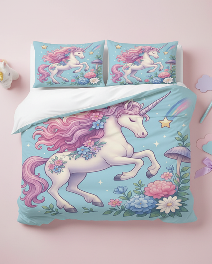teal floral unicorn bedding - flat-lay