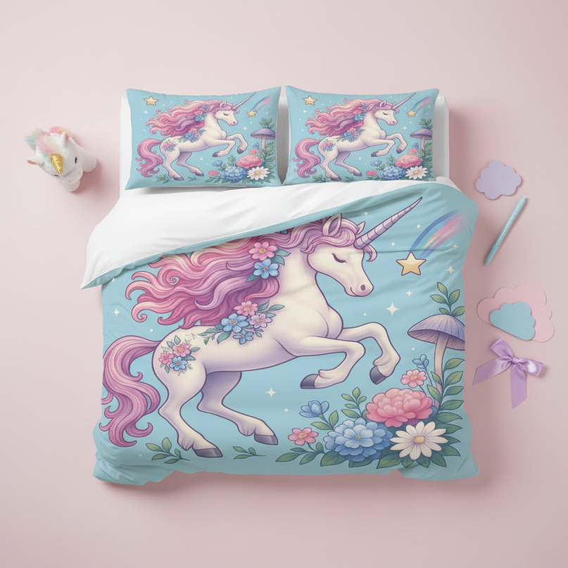 teal floral unicorn bedding - flat-lay