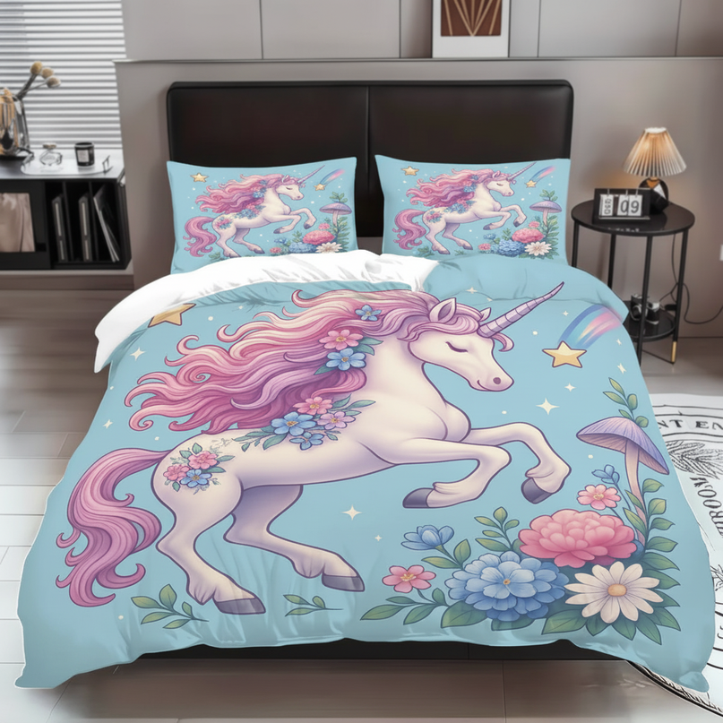 teal floral unicorn bedding - lifestyle
