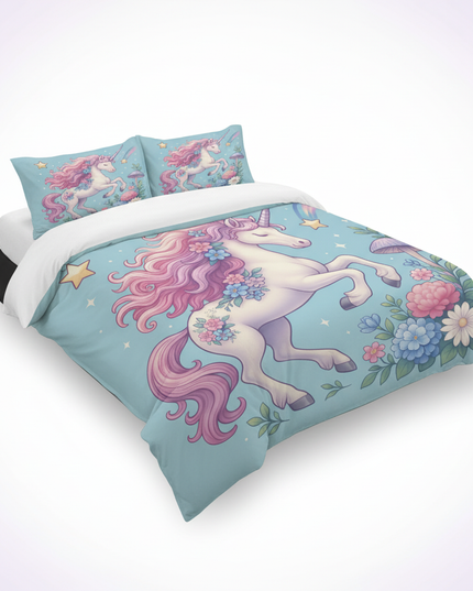teal floral unicorn bedding - white-bg