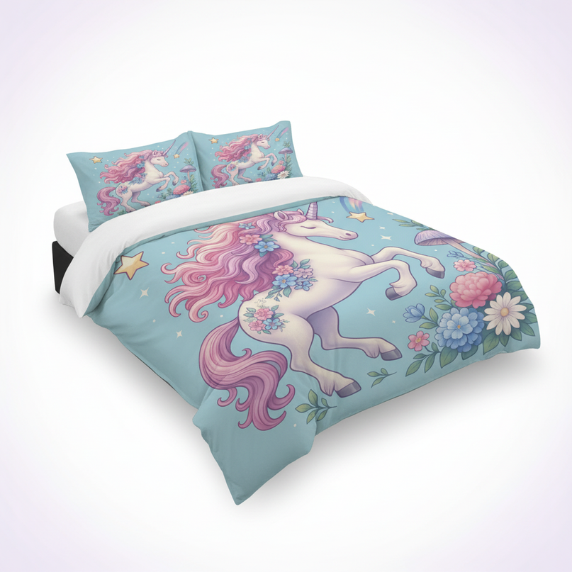 teal floral unicorn bedding - white-bg