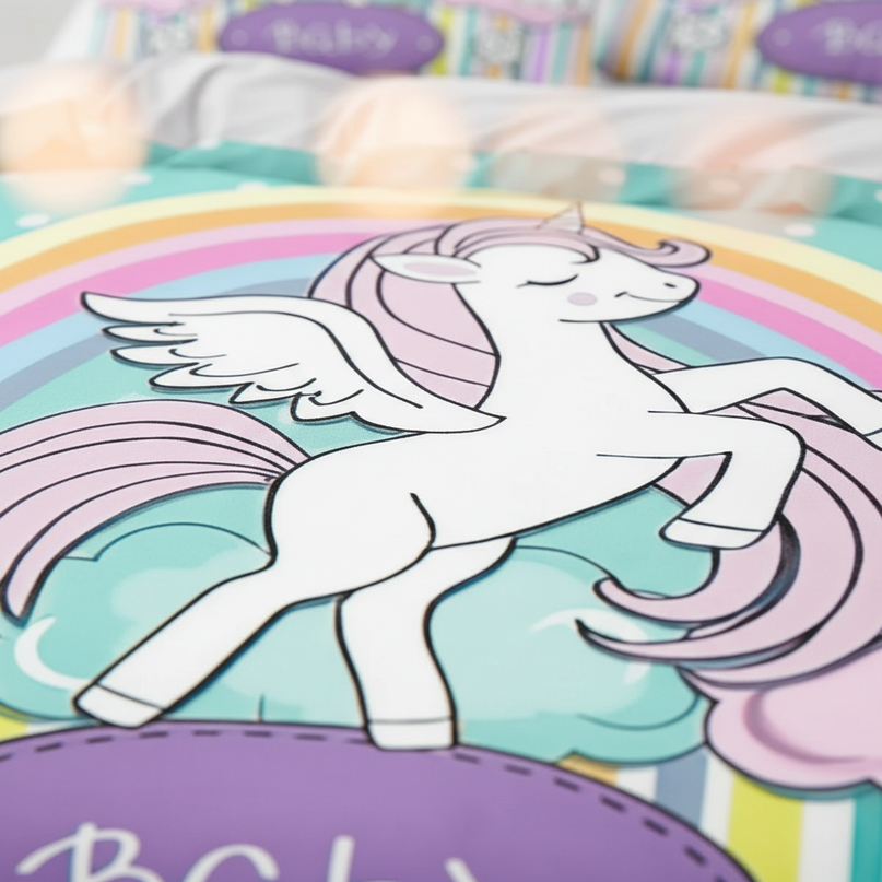 teal nursery unicorn bedding - detail