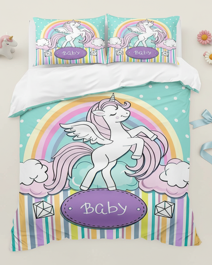 teal nursery unicorn bedding - flat-lay