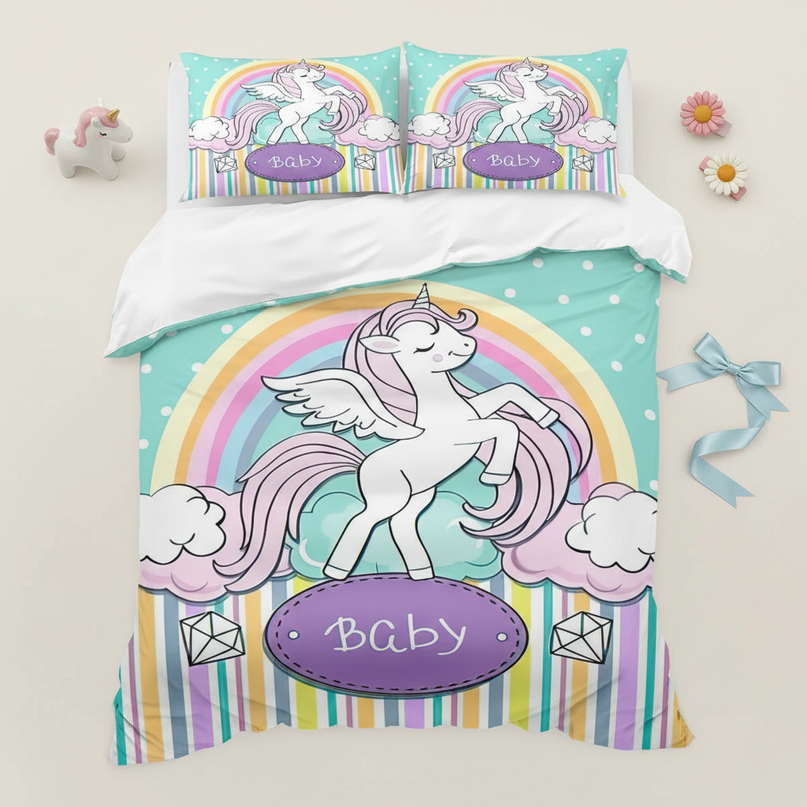 teal nursery unicorn bedding - flat-lay