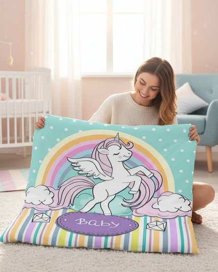 teal nursery unicorn bedding - in-use