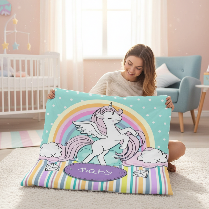 teal nursery unicorn bedding - in-use