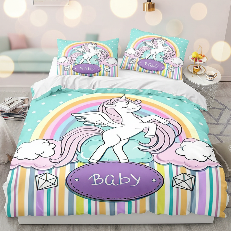 teal nursery unicorn bedding - lifestyle