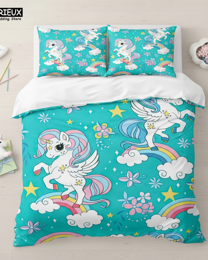 teal pegasus flower unicorn bedding - flat-lay