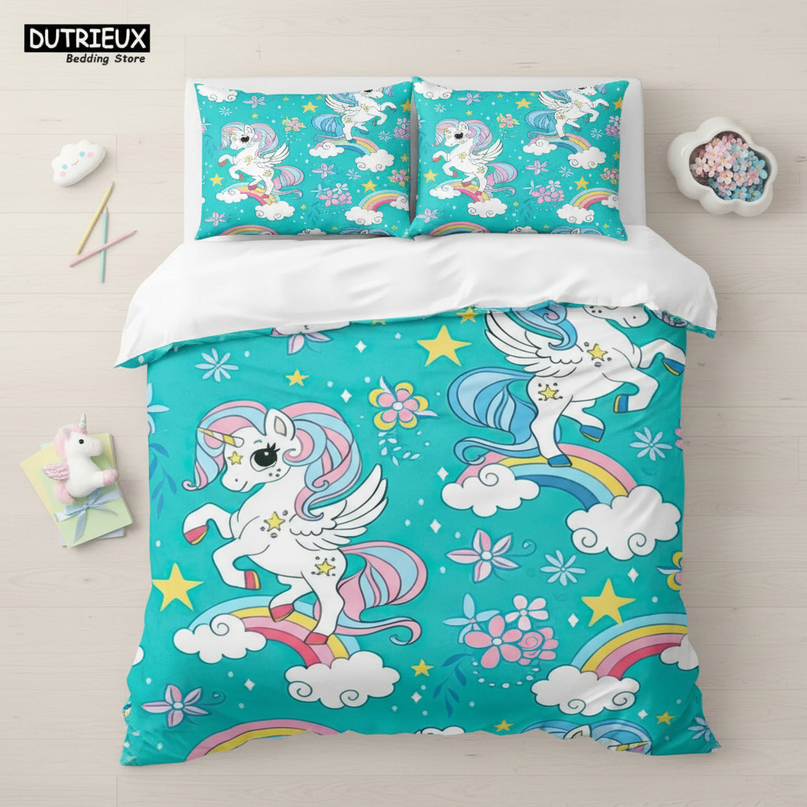 teal pegasus flower unicorn bedding - flat-lay