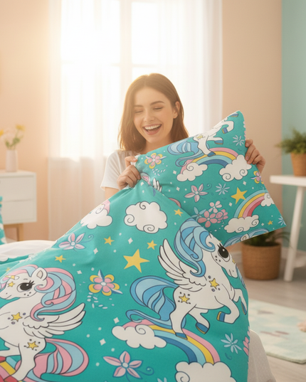 teal pegasus flower unicorn bedding - in-use