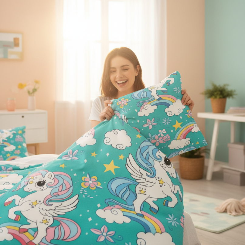 teal pegasus flower unicorn bedding - in-use