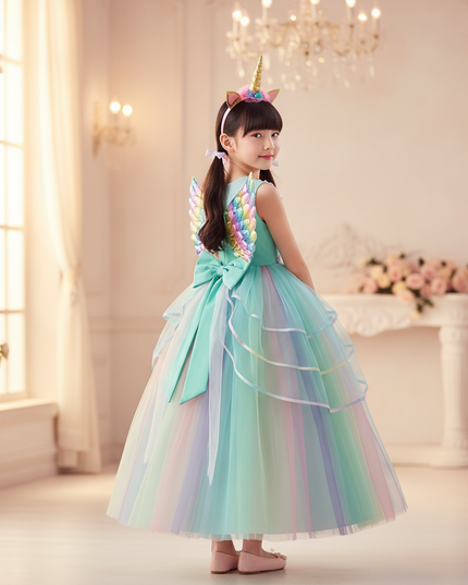 teal unicorn ball gown dress - back