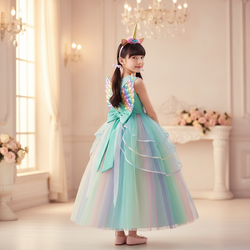 teal unicorn ball gown dress - back