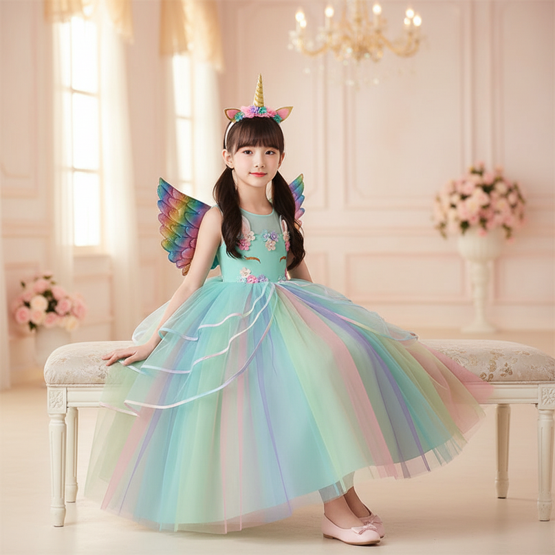 teal unicorn ball gown dress - sitting