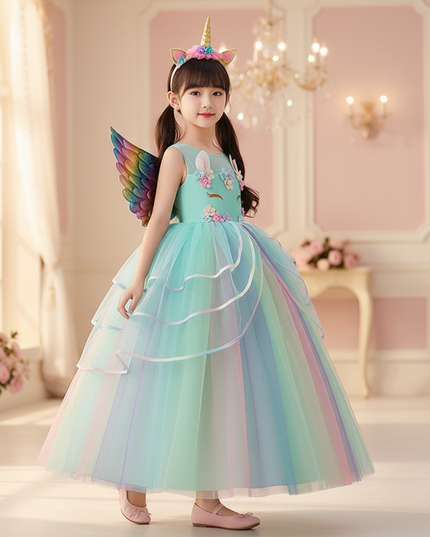 teal unicorn ball gown dress - three-quarter
