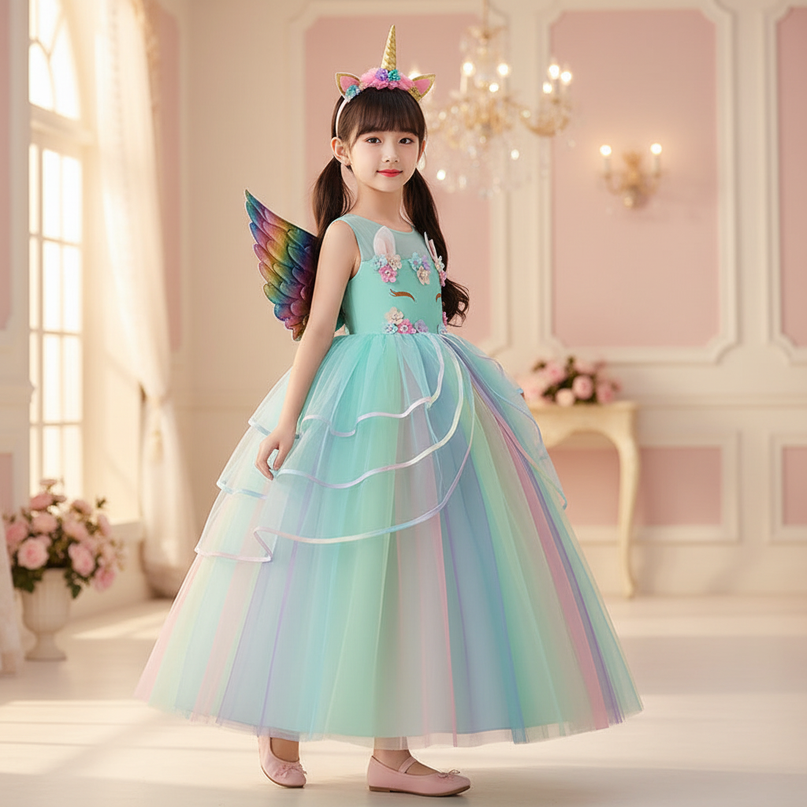 teal unicorn ball gown dress - three-quarter