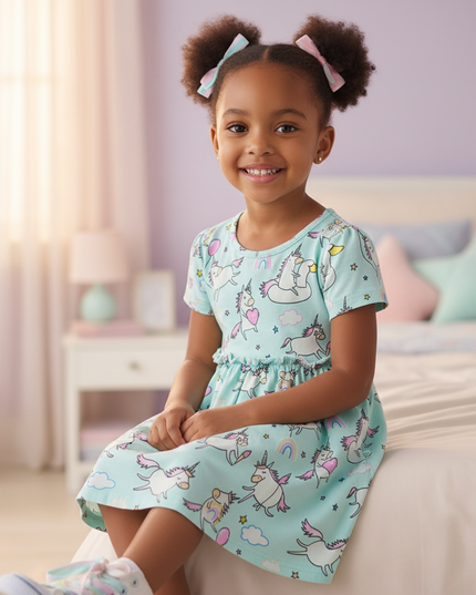 teal unicorn balloon dress - sitting