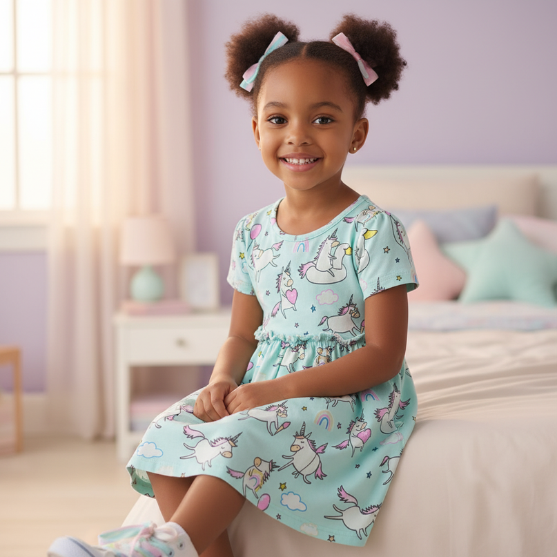 teal unicorn balloon dress - sitting