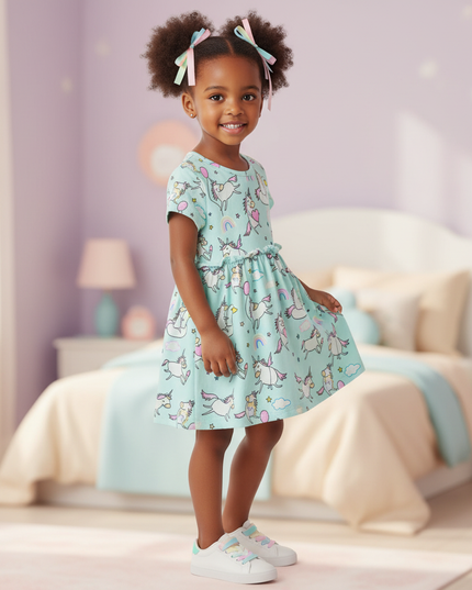teal unicorn balloon dress - three-quarter