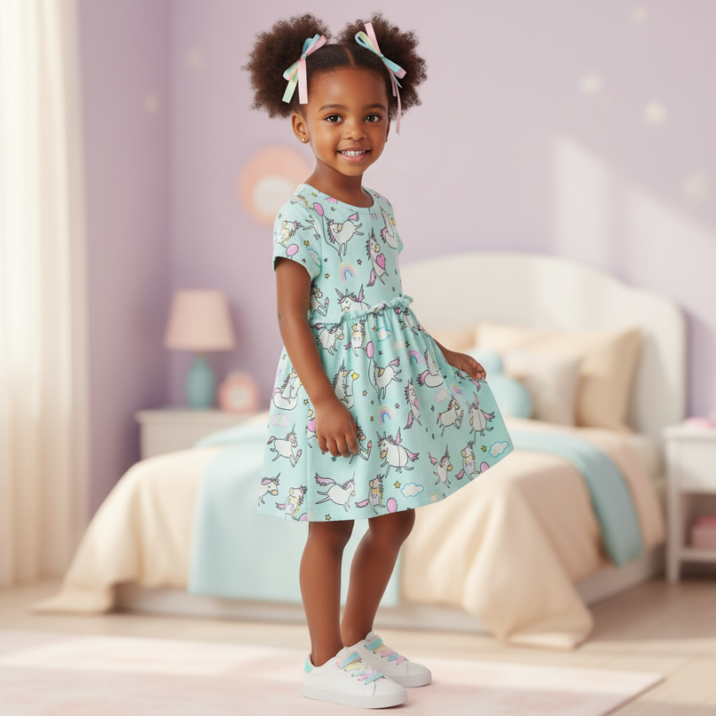 teal unicorn balloon dress - three-quarter