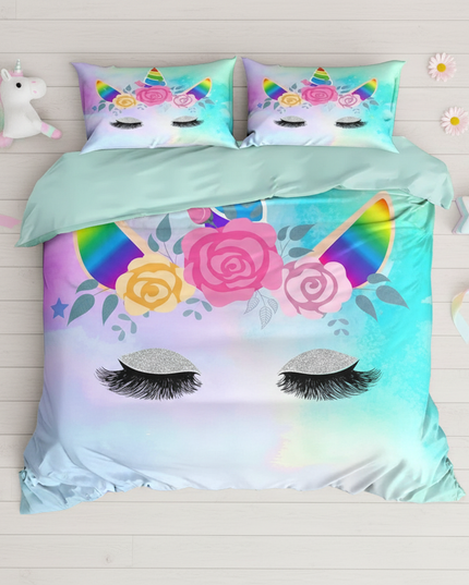 teal unicorn bedding - flat-lay