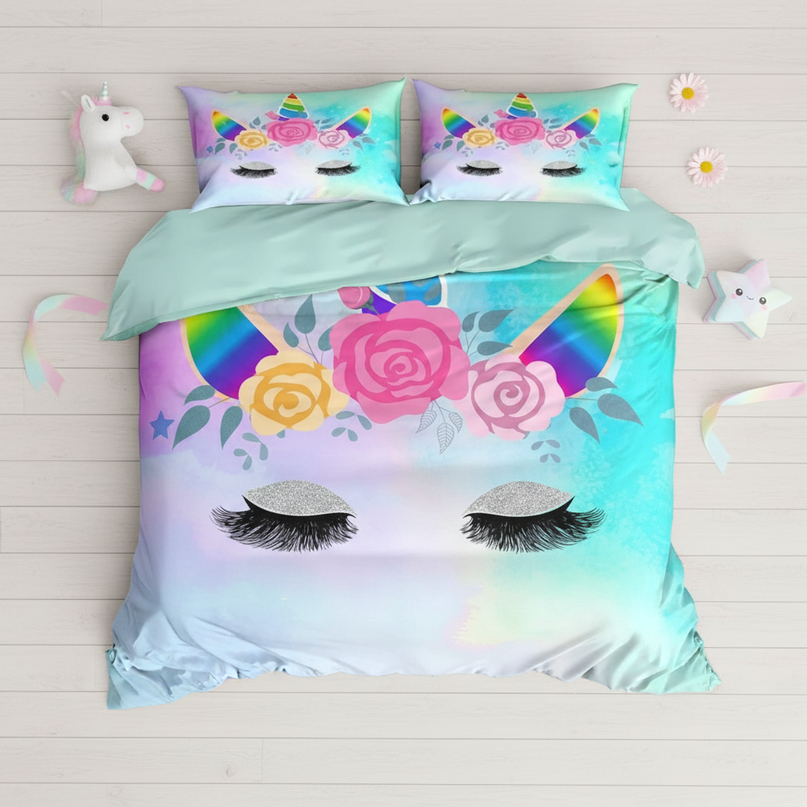 teal unicorn bedding - flat-lay