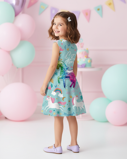 teal unicorn cartoon dress - back