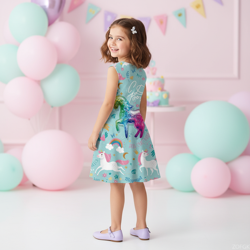 teal unicorn cartoon dress - back