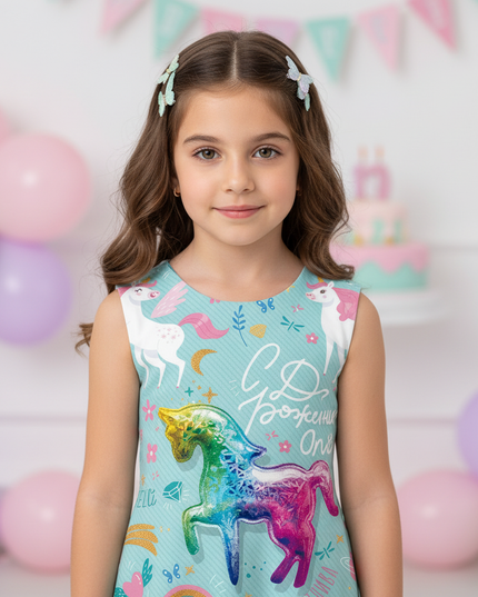 teal unicorn cartoon dress - detail