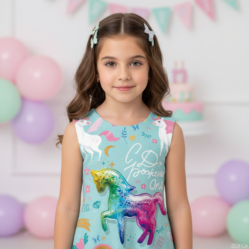 teal unicorn cartoon dress - detail