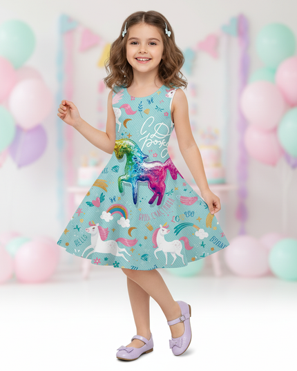 teal unicorn cartoon dress - front
